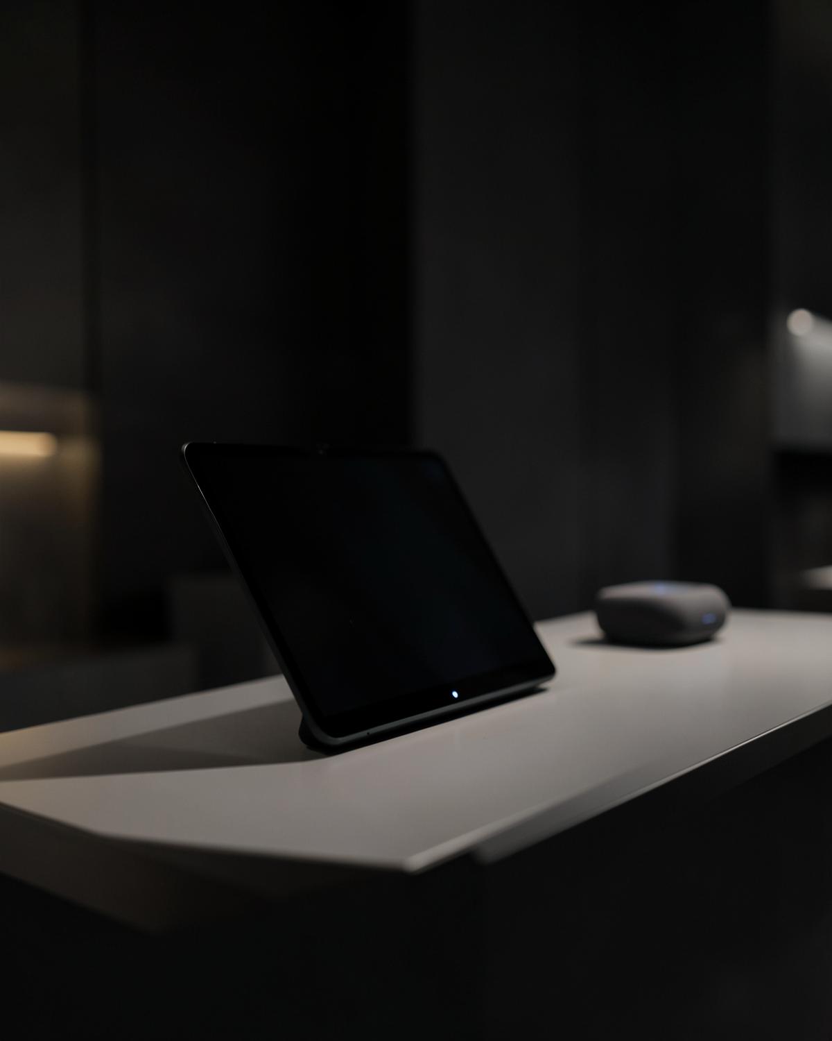 Demonstration counter with a tablet and smart speaker